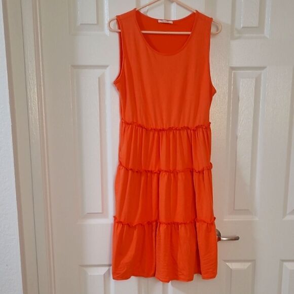 3/$16🎁 Sleeveless Tiered Orange Midi Stretch Dress sz L - Picture 9 of 9